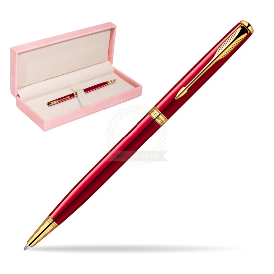 Długopis Parker Sonnet Original Slim Laka Czerwona GT w różowym pudełku zamszowym