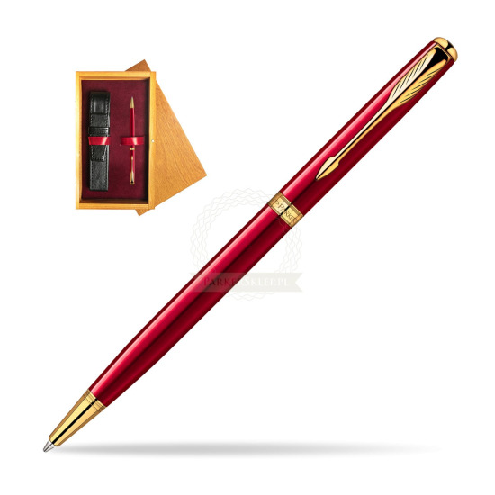 Długopis Parker Sonnet Original Slim Laka Czerwona GT w pudełku drewnianym Honey Single Bordo