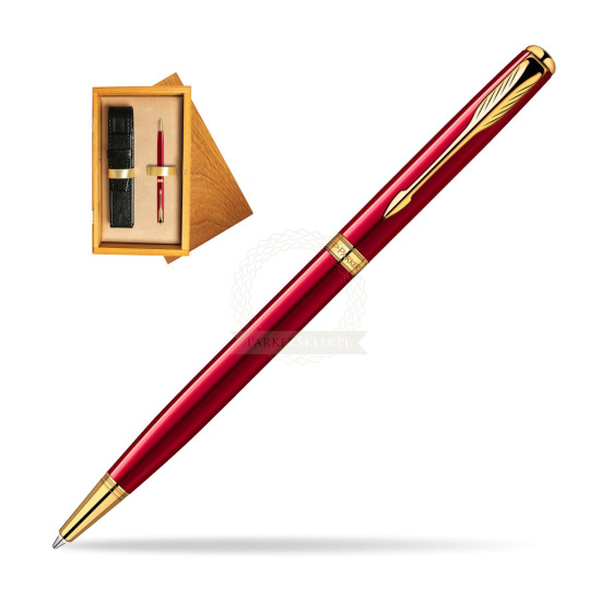 Długopis Parker Sonnet Original Slim Laka Czerwona GT w pudełku drewnianym Honey Single Ecru