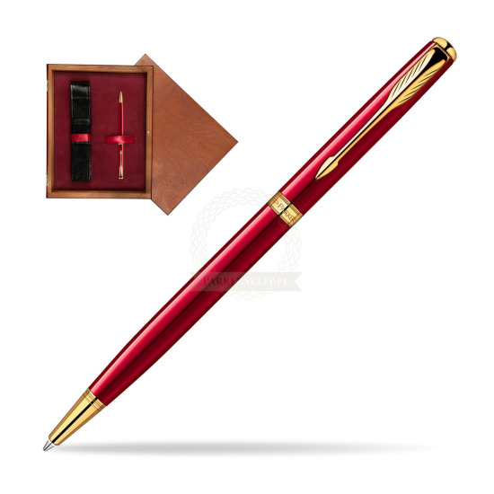 Długopis Parker Sonnet Original Slim Laka Czerwona GT w pudełku drewnianym Mahoń Single Bordo