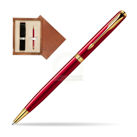 Długopis Parker Sonnet Original Slim Laka Czerwona GT w pudełku drewnianym Mahoń Single Ecru