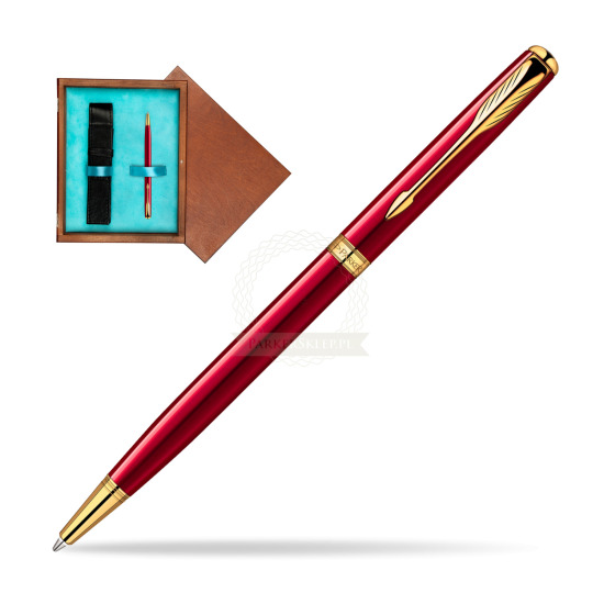 Długopis Parker Sonnet Original Slim Laka Czerwona GT w pudełku drewnianym Mahoń Single Turkus