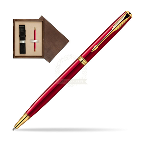 Długopis Parker Sonnet Original Slim Laka Czerwona GT w pudełku drewnianym Wenge Single Ecru