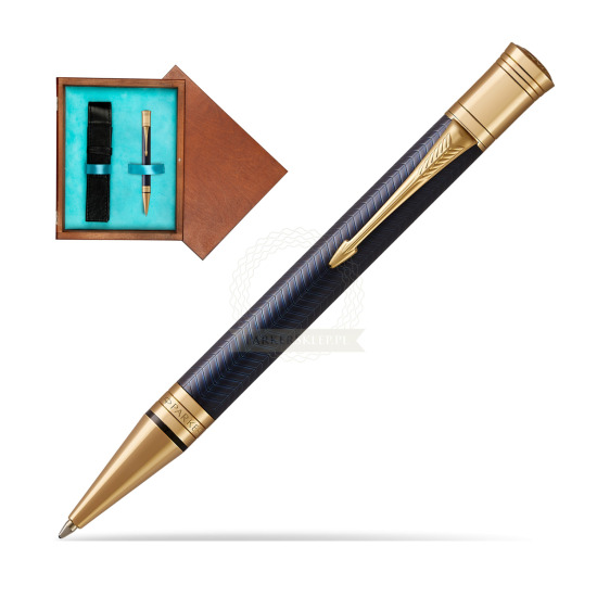 Długopis Parker Duofold Centennial Prestige Niebieska Jodełka GT w pudełku drewnianym Mahoń Single Turkus