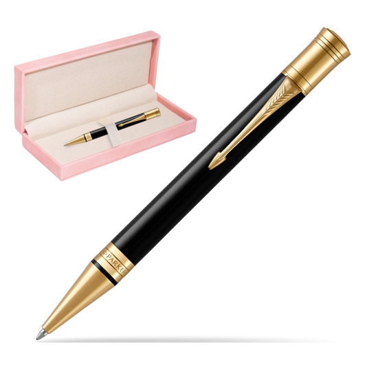 Długopis Parker Duofold Czarna Laka GT w różowym pudełku zamszowym