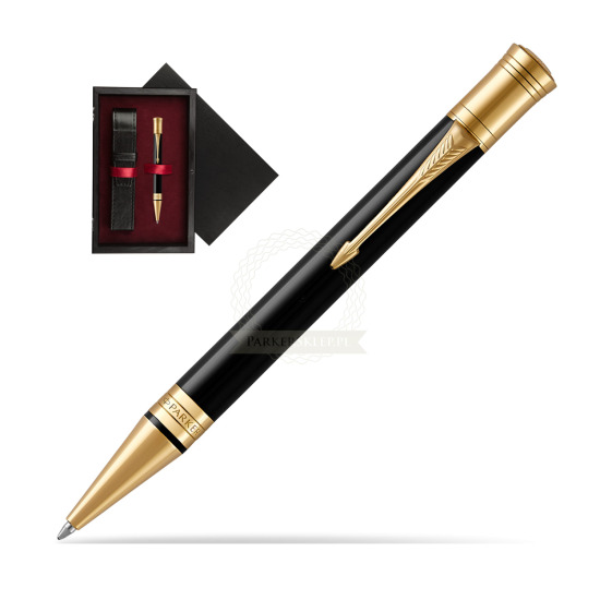 Długopis Parker Duofold Czarna Laka GT w pudełku drewnianym Czerń Single Bordo