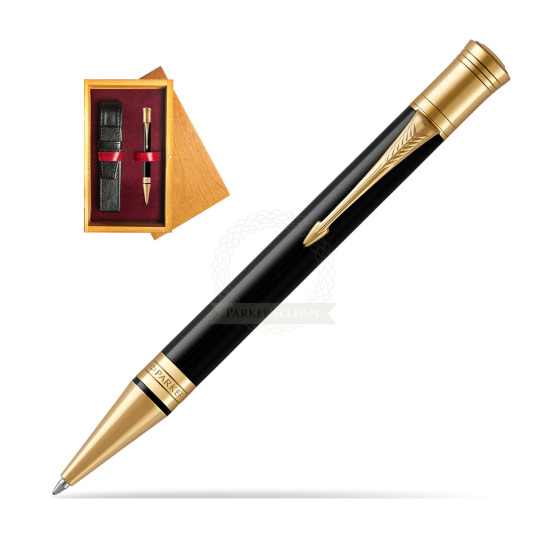 Długopis Parker Duofold Czarna Laka GT w pudełku drewnianym Honey Single Bordo