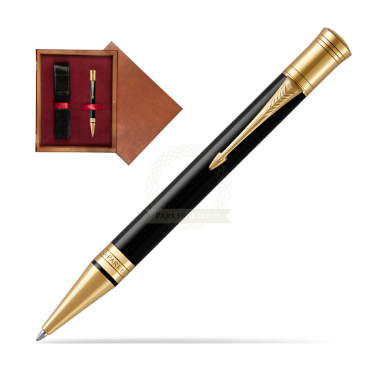 Długopis Parker Duofold Czarna Laka GT w pudełku drewnianym Mahoń Single Bordo