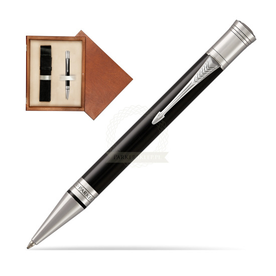 Długopis Parker  Duofold Czarna Laka CT w pudełku drewnianym Mahoń Single Ecru