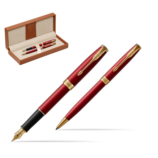 Zestaw prezentowy Parker Pióro wieczne + Długopis Sonnet Czerwona Laka GT w pudełku classic brown