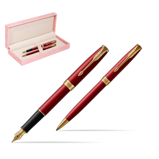 Zestaw prezentowy Parker Pióro wieczne + Długopis Sonnet Czerwona Laka GT w różowym pudełku zamszowym