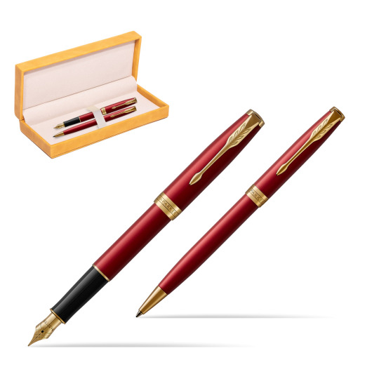 Zestaw prezentowy Parker Pióro wieczne + Długopis Sonnet Czerwona Laka GT w żółtym pudełku zamszowym