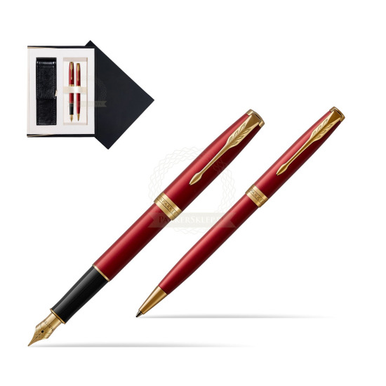 Zestaw prezentowy Parker Pióro wieczne + Długopis Sonnet Czerwona Laka GT w czarnym pudełku zamszowym