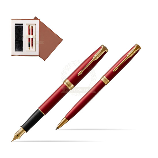Zestaw prezentowy Parker Pióro wieczne + Długopis Sonnet Czerwona Laka GT w brązowym pudełku zamszowym