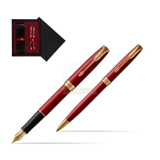 Zestaw prezentowy Parker Pióro wieczne + Długopis Sonnet Czerwona Laka GT w pudełku drewnianym Czerń Double Bordo