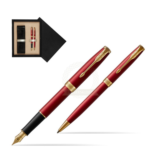 Zestaw prezentowy Parker Pióro wieczne + Długopis Sonnet Czerwona Laka GT w pudełku drewnianym Czerń Double Ecru