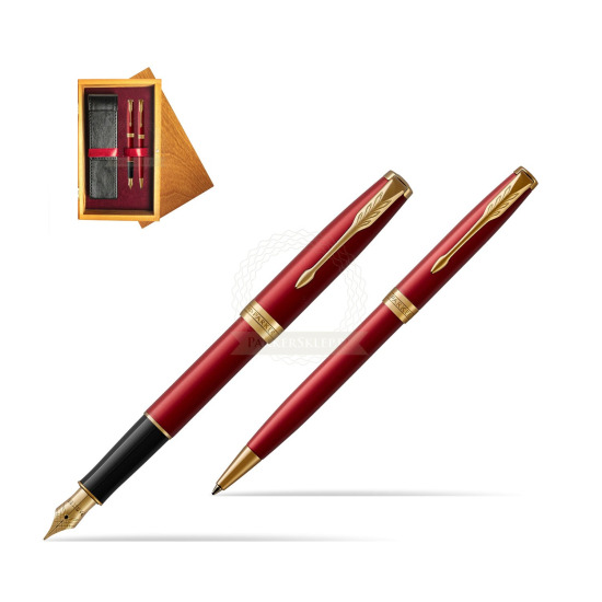 Zestaw prezentowy Parker Pióro wieczne + Długopis Sonnet Czerwona Laka GT w pudełku drewnianym Honey Double Bordo