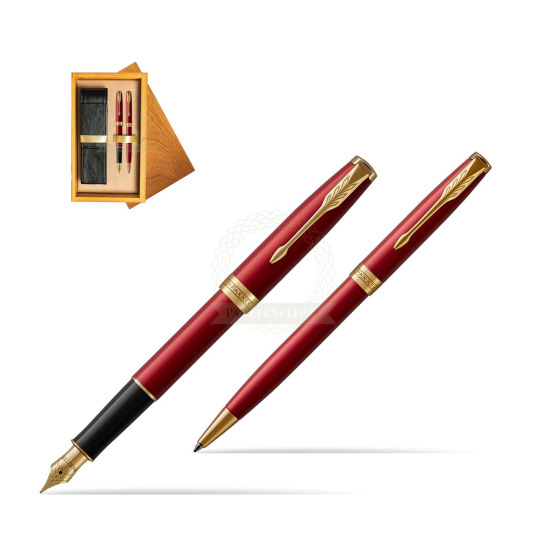Zestaw prezentowy Parker Pióro wieczne + Długopis Sonnet Czerwona Laka GT w pudełku drewnianym Honey Double Ecru