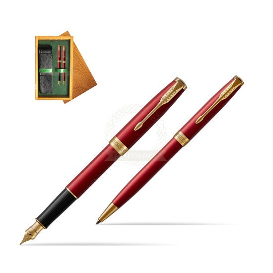 Zestaw prezentowy Parker Pióro wieczne + Długopis Sonnet Czerwona Laka GT w pudełku drewnianym Honey Double Zieleń