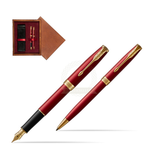 Zestaw prezentowy Parker Pióro wieczne + Długopis Sonnet Czerwona Laka GT w pudełku drewnianym Mahoń Double Bordo