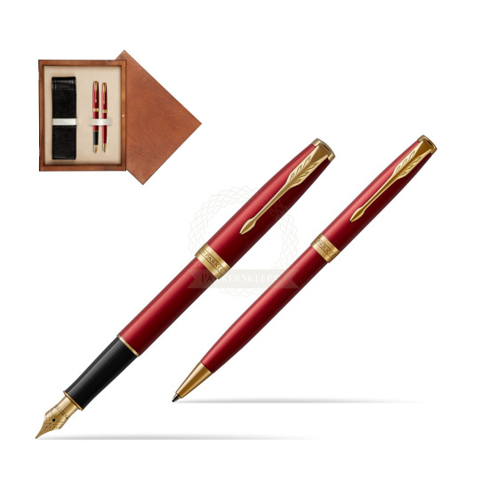 Zestaw prezentowy Parker Pióro wieczne + Długopis Sonnet Czerwona Laka GT w pudełku drewnianym Mahoń Double Ecru