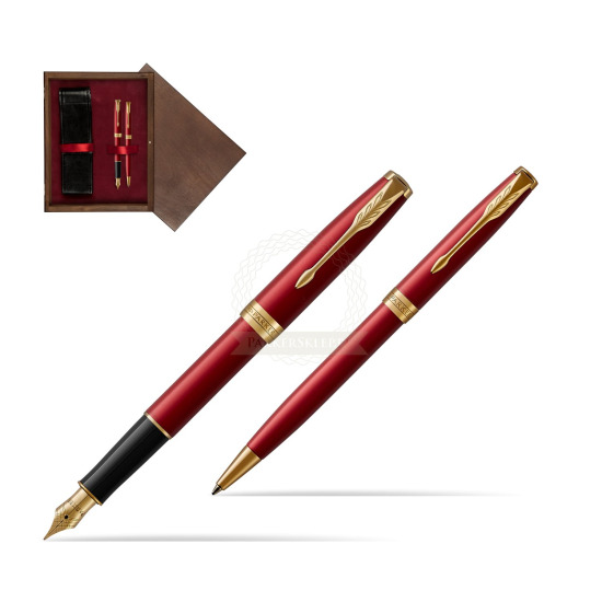 Zestaw prezentowy Parker Pióro wieczne + Długopis Sonnet Czerwona Laka GT w pudełku drewnianym Wenge Double Bordo