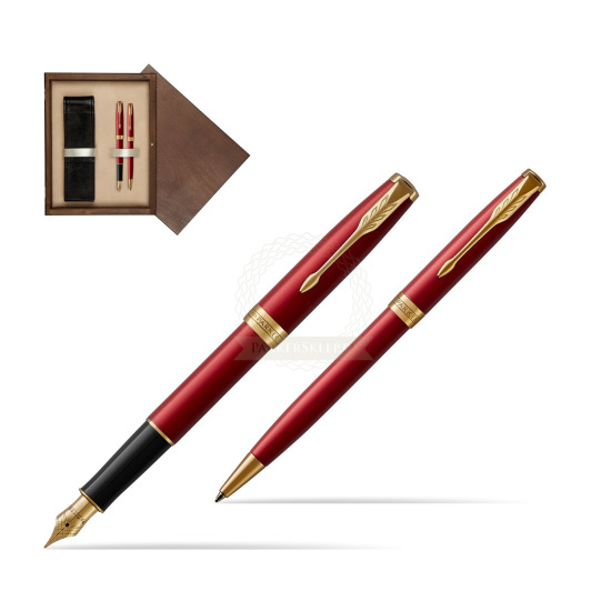 Zestaw prezentowy Parker Pióro wieczne + Długopis Sonnet Czerwona Laka GT w pudełku drewnianym Wenge Double Ecru