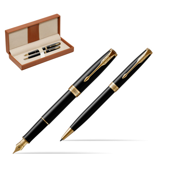 Zestaw prezentowy Parker Pióro wieczne + Długopis Sonnet Czarna Laka GT w pudełku classic brown
