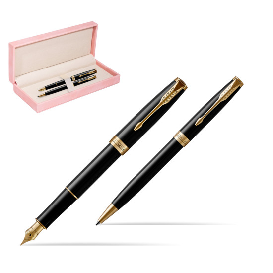 Zestaw prezentowy Parker Pióro wieczne + Długopis Sonnet Czarna Laka GT w różowym pudełku zamszowym