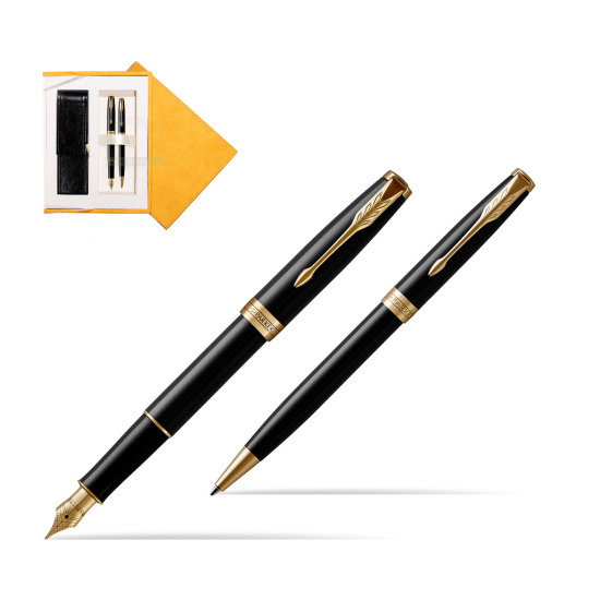 Zestaw prezentowy Parker Pióro wieczne + Długopis Sonnet Czarna Laka GT w żółtym pudełku zamszowym