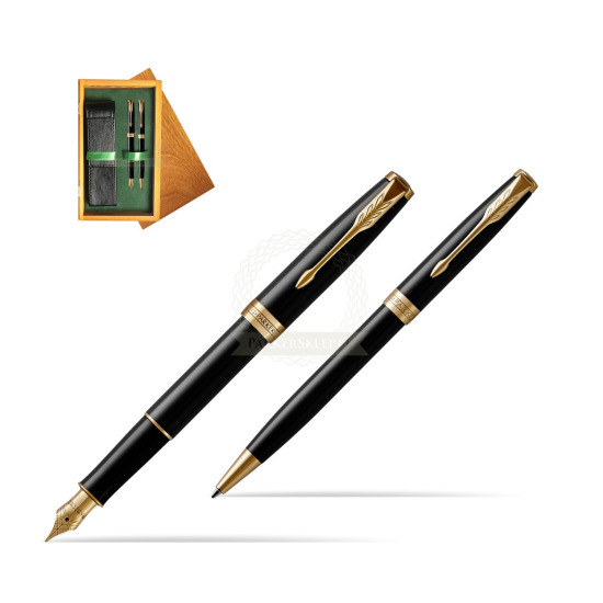 Zestaw prezentowy Parker Pióro wieczne + Długopis Sonnet Czarna Laka GT w pudełku drewnianym Honey Double Zieleń
