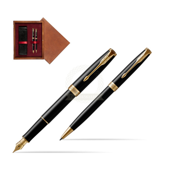 Zestaw prezentowy Parker Pióro wieczne + Długopis Sonnet Czarna Laka GT w pudełku drewnianym Mahoń Double Bordo