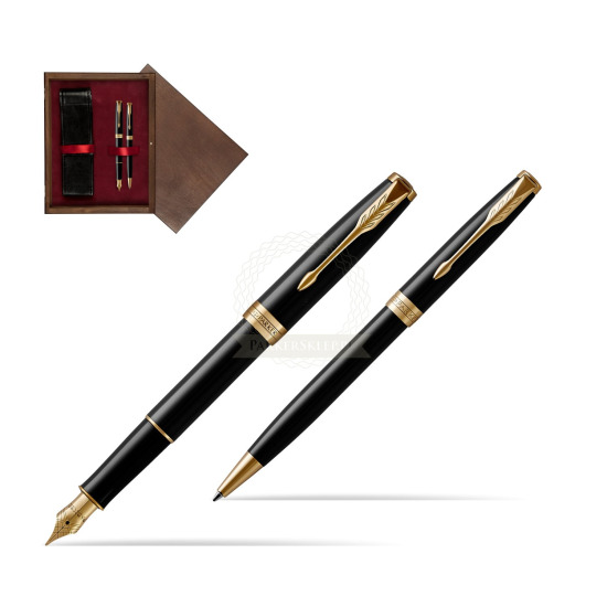 Zestaw prezentowy Parker Pióro wieczne + Długopis Sonnet Czarna Laka GT w pudełku drewnianym Wenge Double Bordo