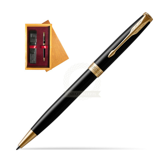 Długopis Parker Sonnet Czarna Laka GT w pudełku drewnianym Honey Single Bordo