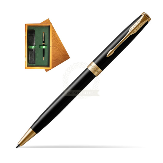 Długopis Parker Sonnet Czarna Laka GT w pudełku drewnianym Honey Single Zieleń