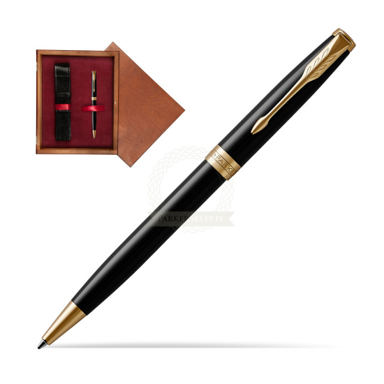 Długopis Parker Sonnet Czarna Laka GT w pudełku drewnianym Mahoń Single Bordo