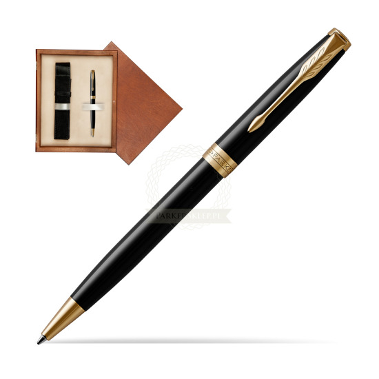 Długopis Parker Sonnet Czarna Laka GT w pudełku drewnianym Mahoń Single Ecru