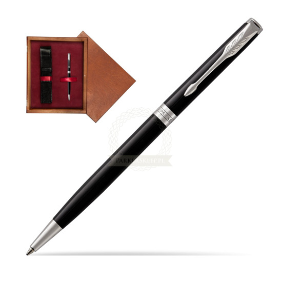 Długopis Slim Parker Sonnet Czarna Laka CT w pudełku drewnianym Mahoń Single Bordo