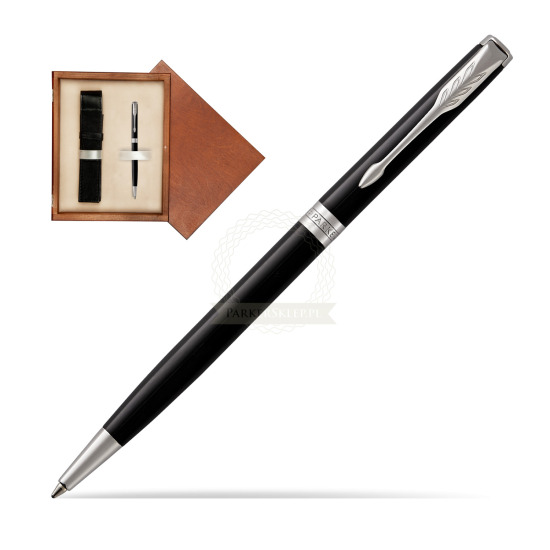 Długopis Slim Parker Sonnet Czarna Laka CT w pudełku drewnianym Mahoń Single Ecru