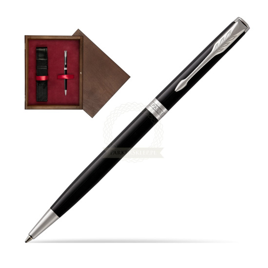 Długopis Slim Parker Sonnet Czarna Laka CT w pudełku drewnianym Wenge Single Bordo