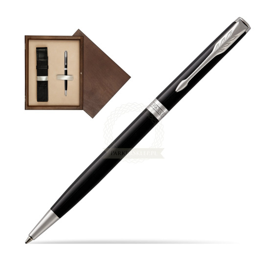Długopis Slim Parker Sonnet Czarna Laka CT w pudełku drewnianym Wenge Single Ecru