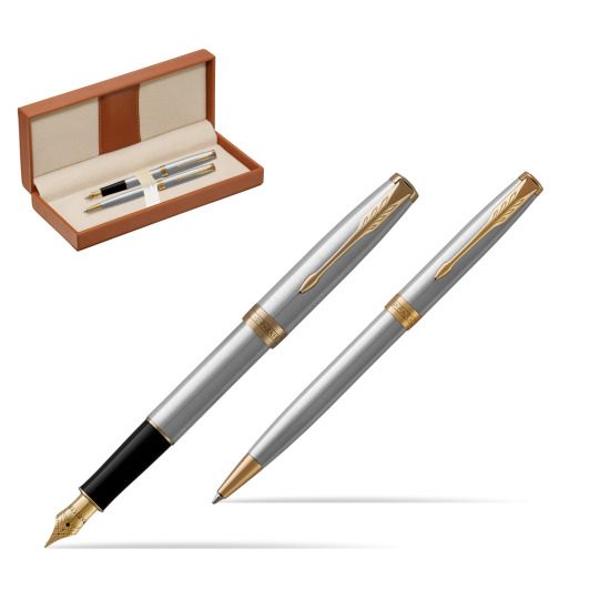 Zestaw prezentowy Parker pióro wieczne + długopis Sonnet Stalowy GT w pudełku classic brown