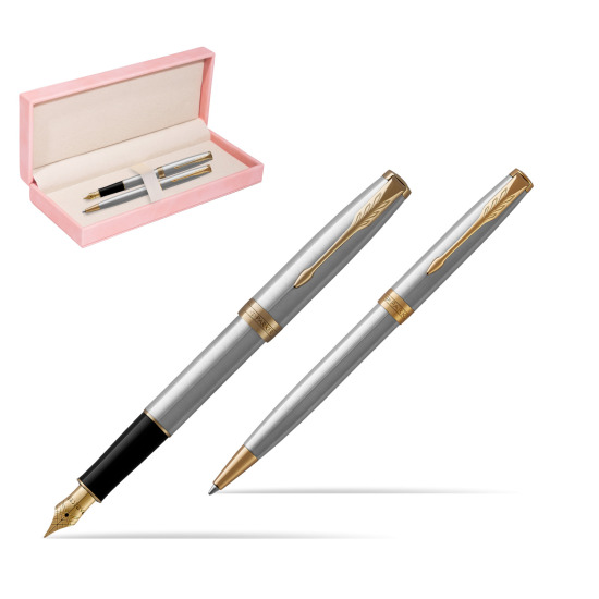 Zestaw prezentowy Parker pióro wieczne + długopis Sonnet Stalowy GT w różowym pudełku zamszowym