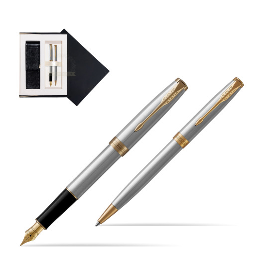 Zestaw prezentowy Parker pióro wieczne + długopis Sonnet Stalowy GT w czarnym pudełku zamszowym