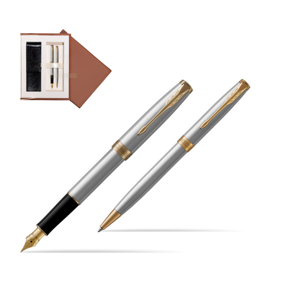 Zestaw prezentowy Parker pióro wieczne + długopis Sonnet Stalowy GT w brązowym pudełku zamszowym