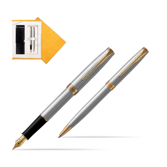 Zestaw prezentowy Parker pióro wieczne + długopis Sonnet Stalowy GT w żółtym pudełku zamszowym
