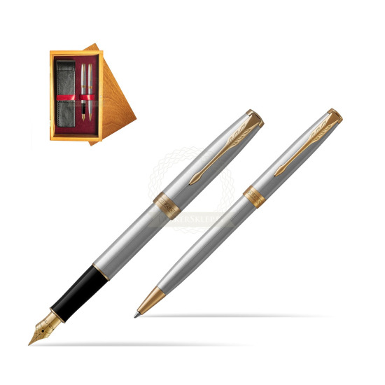 Zestaw prezentowy Parker pióro wieczne + długopis Sonnet Stalowy GT w pudełku drewnianym Honey Double Bordo