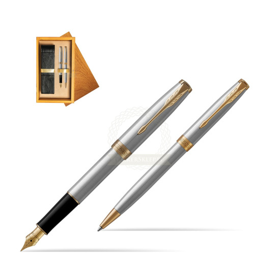Zestaw prezentowy Parker pióro wieczne + długopis Sonnet Stalowy GT w pudełku drewnianym Honey Double Ecru