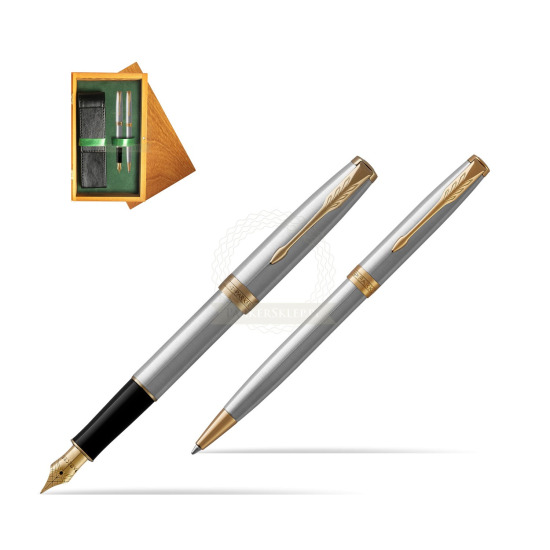 Zestaw prezentowy Parker pióro wieczne + długopis Sonnet Stalowy GT w pudełku drewnianym Honey Double Zieleń