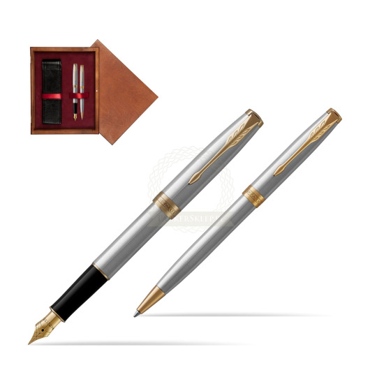 Zestaw prezentowy Parker pióro wieczne + długopis Sonnet Stalowy GT w pudełku drewnianym Mahoń Double Bordo